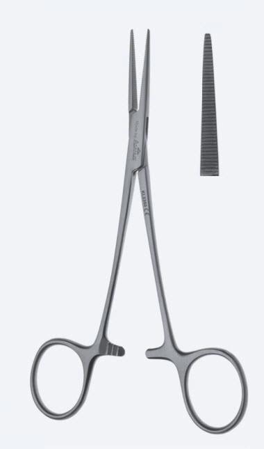 Зажими гемостатичні, "Baby-"Crile", делікатні, прямі, зубчаті щелепи, з кремальєрою, загальна довжина 140 мм. Бренд - Asanus Medizintechnik Gmb, Німеччина